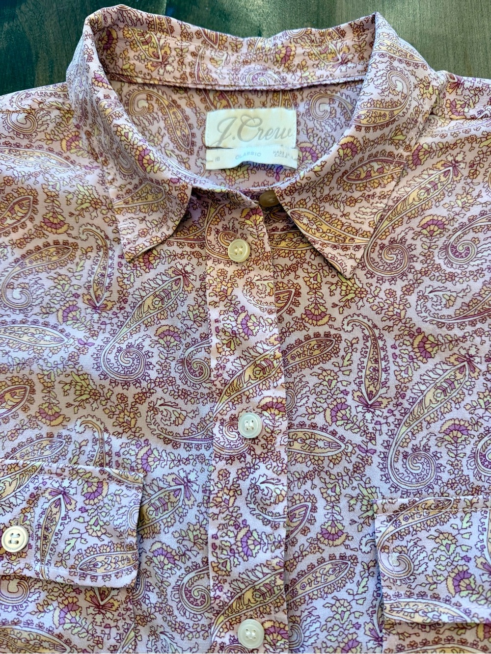 J.CREW 100% Silk Classic Fit Shirt 18 Beach Paisley Pink Flap Pocket Blouse Luxe